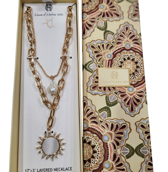 🔹️House of Harlow Gold Sunburst 17" Layered Glass Pearl + Glass Stone Necklace - Picture 1 of 6